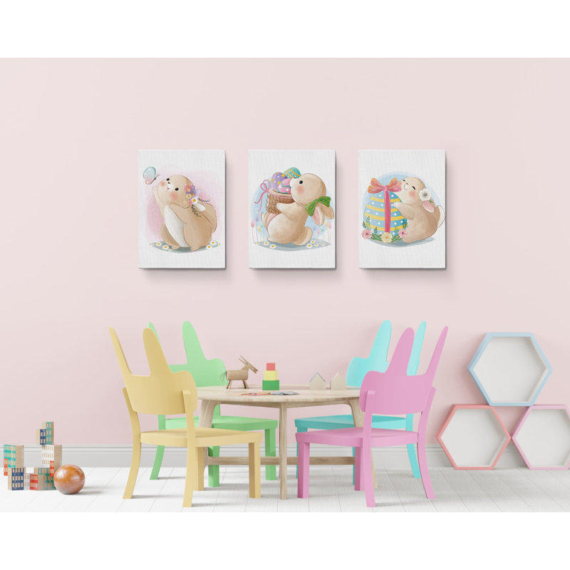 Mignon dessin de lapin de Pâques nouveau-né, reproduction sur toile tendue, 3 pièces, 24" H x 48" W