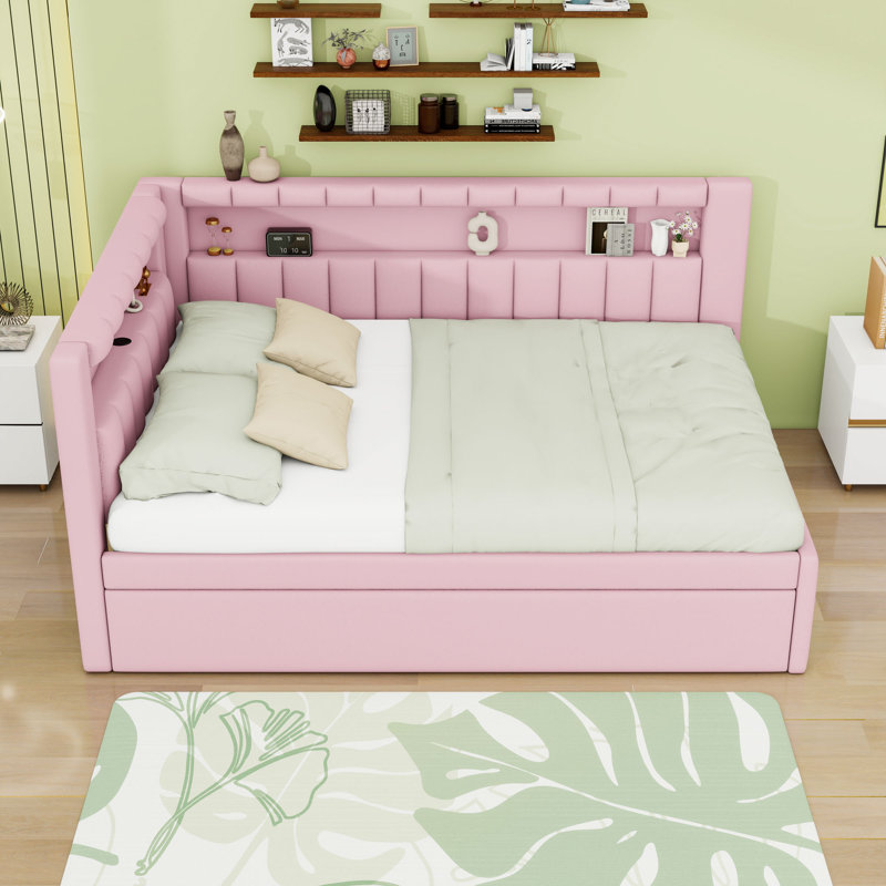 Full Upholstered Platform Bed with USB Ports and LED and Trundle, Pink