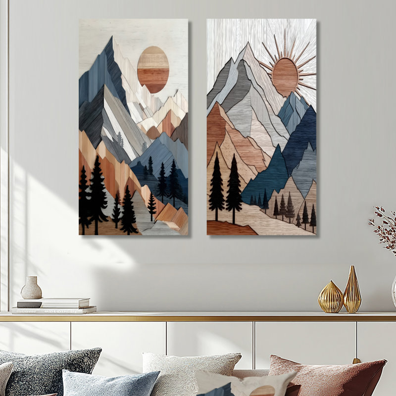 «Blue Bold Mountains Landscape», ensemble de 2 reproductions d'art murales modernes en métal, 40" H x 40" W