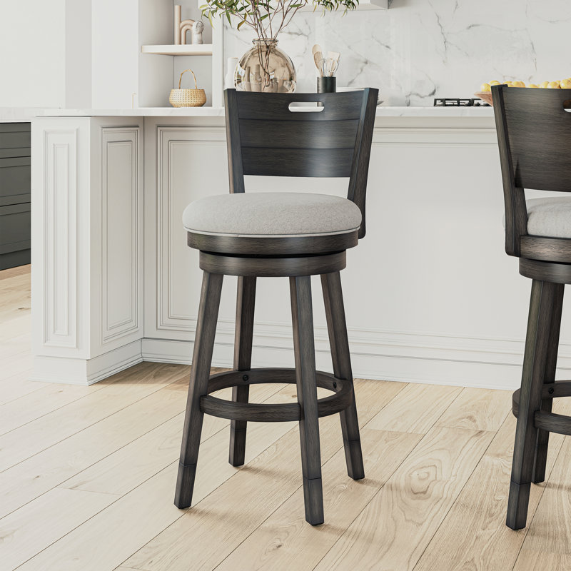 Fowey Wood Adjustable Height Swivel Stool With Horizontal Ladder Back And Cut-Out Handle, Weathered Walnut