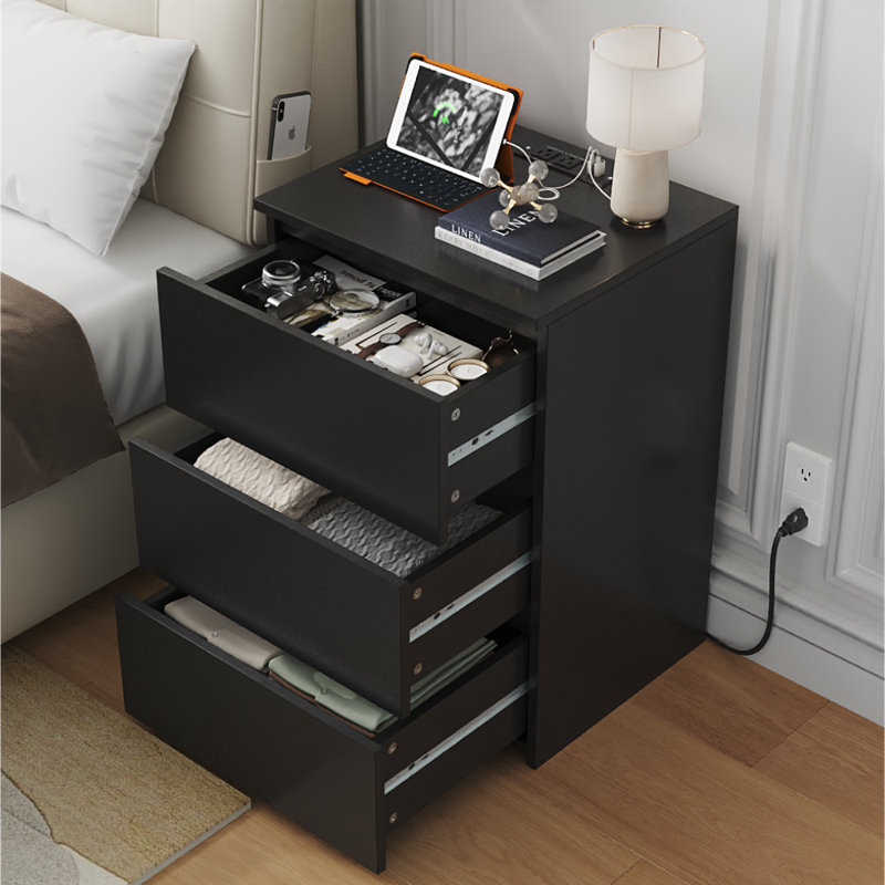 Arieyonna 26"H Nightstands with Outlets & USB Ports, 3 Drawers, Black, Black