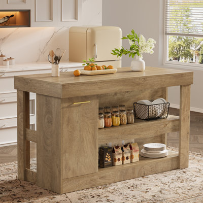 Îlot de cuisine avec armoire de rangement pour poubelles, grande table de préparation de 55 pouces avec tablette à 2 niveaux