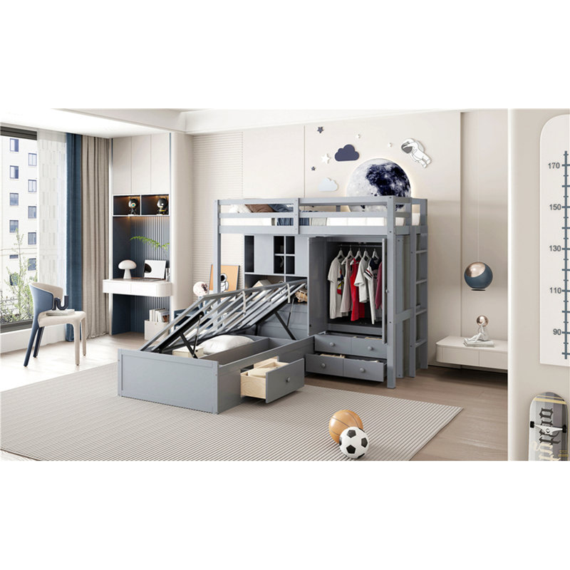 Lit superposé simple avec tiroirs, garde-robe, tablettes de rangement et lit hydraulique, Gris