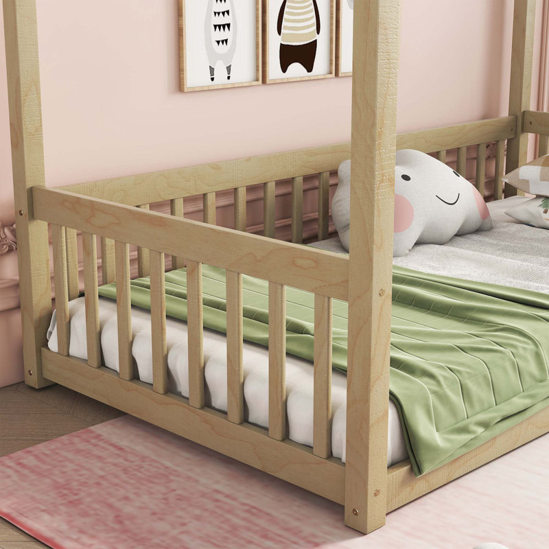 Canopy Frame Floor Bed With Fence, Natural, Twin