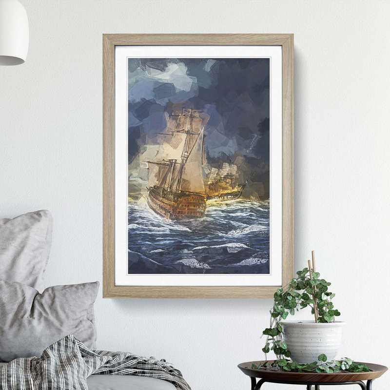 Naval Battle Ship at War in Abstract - Picture Frame Painting Print on MDF, 48cm H x 36cm W x 2cm D, Oak Framed