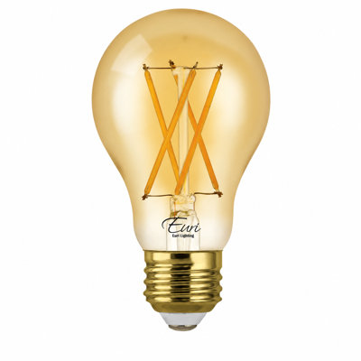 Euri Lighting A19 LED Filament Bulb, 7W, 600 lm, 60W Eq., 2200K, E26, Dimmable, Amber Glass, UL