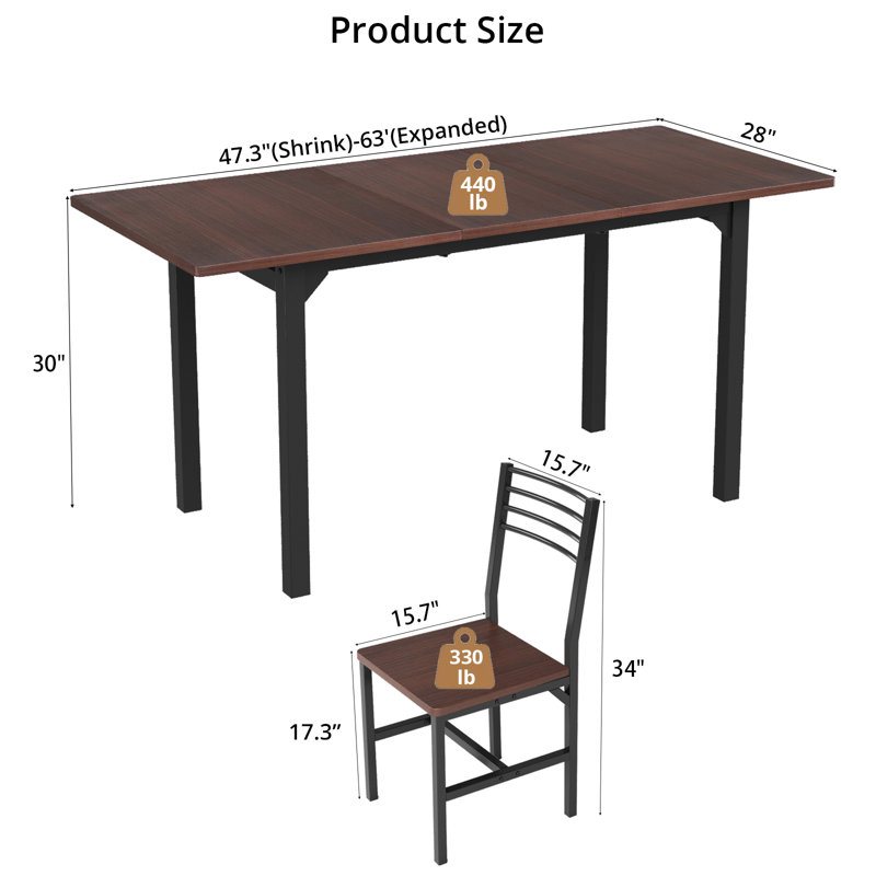 Ensemble de salle à manger extensible 5 pièces, table de salle à manger extensible de 47 à 63 po avec 4 chaises, ensemble de table de cuisine avec panneau en bois aggloméré et structure en métal, pour les petits espaces