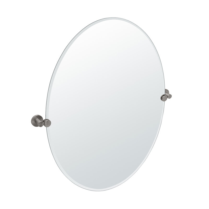 Channel Oval Wall Mount Mirror | Frameless Bathroom Vanity Mirror, Pivots and Beveled, Satin Nickel, 32" H x 28.5" W