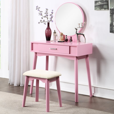 Coiffeuse et tabouret en bois rose avec plateau de 40 cm de profondeur, tiroirs à glissières métalliques, matériaux et design chics.