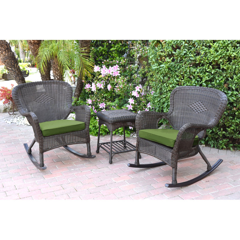 Chaise berçante en osier et table de bout avec coussins Windsor, Espresso, Vert chasseur