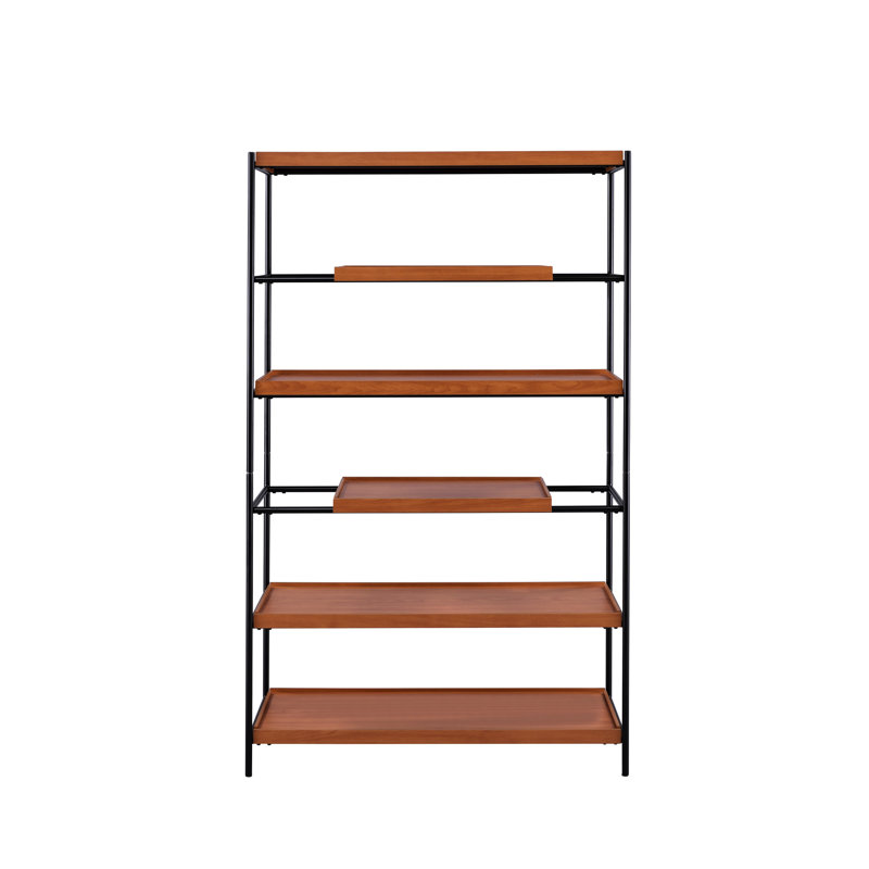 6-shelf Bookshelf In Honey Oak And Black For Organizing Books With Open Back Design -