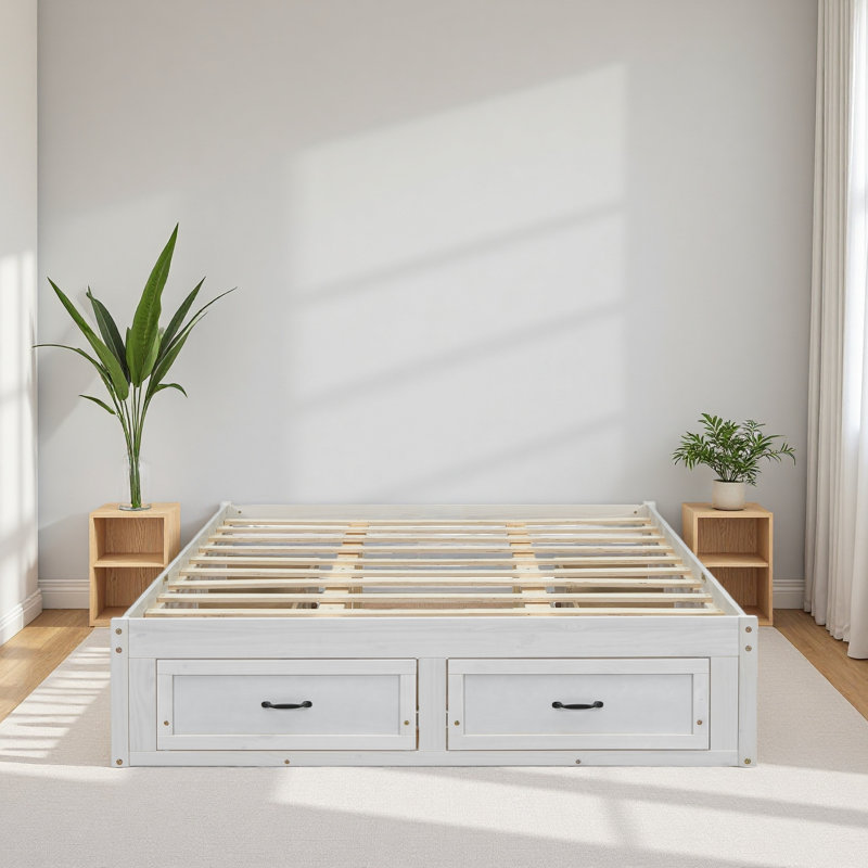 Lit plateforme avec 6 tiroirs de rangement, Blanc antique, Grand lit