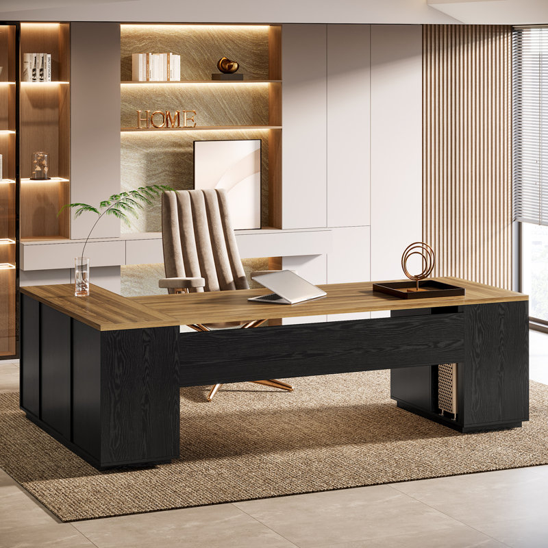 85.8" L-Shaped Executive Desk with File Cabinet, Black, Walnut