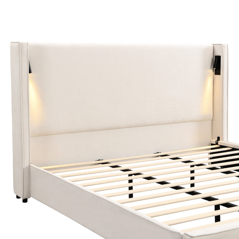 King - Sized, Beige, Upholstered Bed, High Wingback Headboard, Reading Lamp And , Comfortable Upholstery, Wood Support, Quick Assembly Size Beige Bed Frame With Wingback, Adjustable Soft Foam, No Box