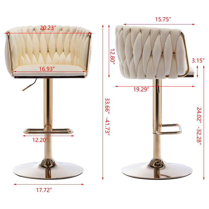 Set of 2 Velvet Upholstery Bar Stools – Chrome Footrest, Swivel, Height Adjustable Design for Kitchen or Bar, Ivory