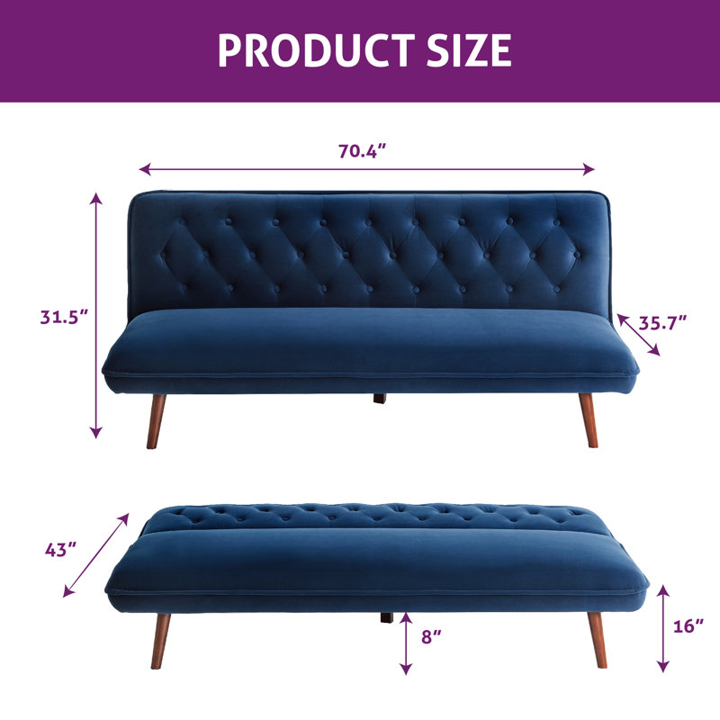 Jolee 70.4" Mid Century Modern Velvet Armless Convertible Futon, Twin Size, Blue