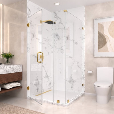 Nirvana 42"W x 42"D x 76"H Frameless Wall-Hinged 90-Degree Corner Shower Enclosure, 3/8"(10mm) Thick Clear Easy-Clean Glass in Brushed Gold