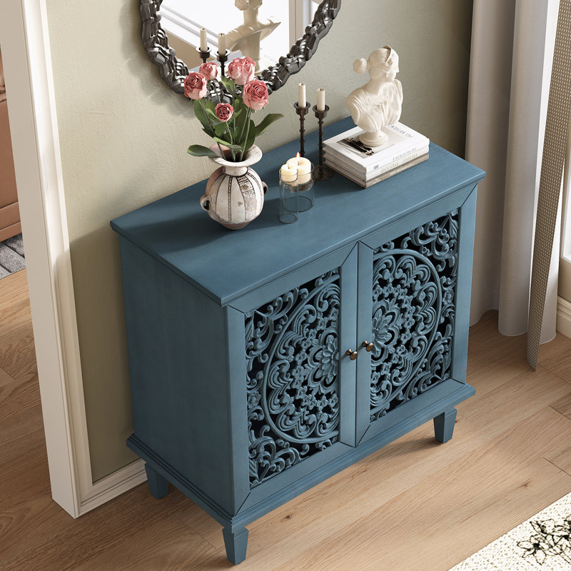 Accent Cabinet, 2-Door Display Storage Cabinet, Sideboard With Adjustable Shelf And Solid Wood Legs, Blue