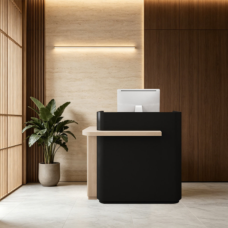Bureau de réception et de réception peu encombrant avec rangement verrouillable sécuritaire et système de glissières silencieuses, bord en forme d'arc pour la sécurité, utilisation polyvalente dans les magasins, les cabinets ou les kiosques d'événements