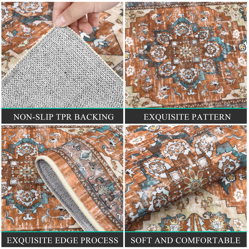 Red and Beige Polyester Non-Slip Washable Kitchen Mat Set