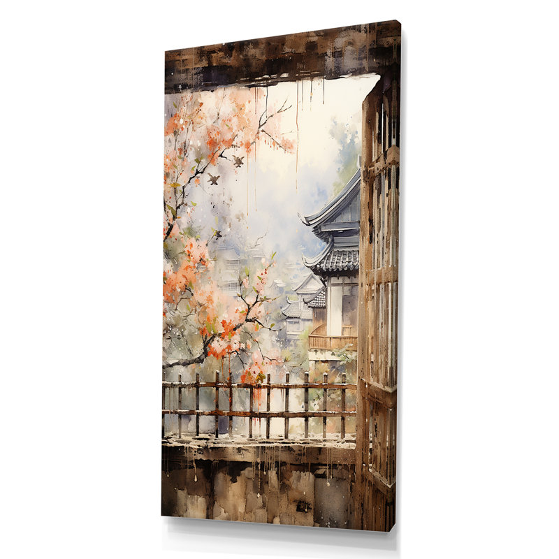 «Beige Window To Osaka II», art mural grand Osaka, H 60 po x l 28 po x P 1,5 po, Toile tendue