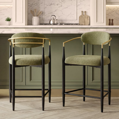 Tabouret de bar moderne en chenille avec dossier et structure aux accents dorés