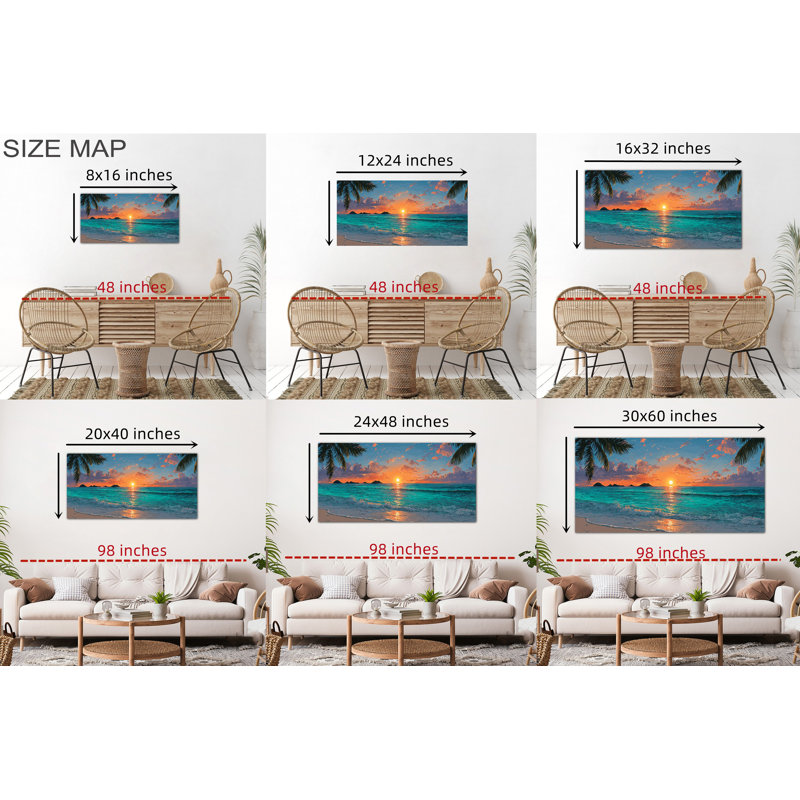  Très grand art mural sur toile, coucher de soleil océan tropical