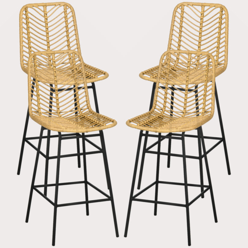 HOMCOM Rattan Bar Stools Set Of 4, 26" Counter Height Barstools, Boho Kitchen Island Stools With Breathable Wicker Seat And Back, Yellow