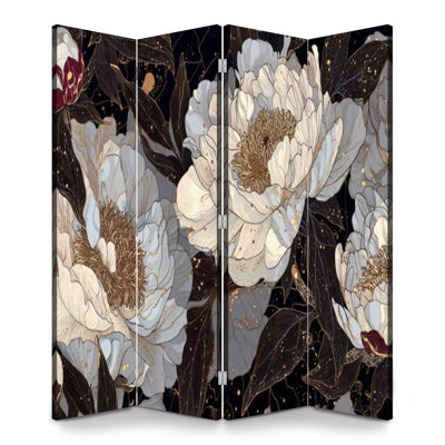 Paravent pliant à 6 panneaux, séparation de pièce, motif floral pivoine royal et luxueux, toile antique, séparateur de pièce autoportant, cloison de protection pour plus d'intimité