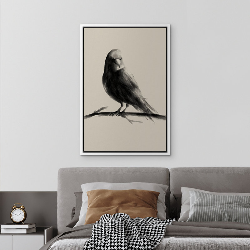 Oiseau gris, peinture à l'encre, Blanc, H 24 po x l 16 po