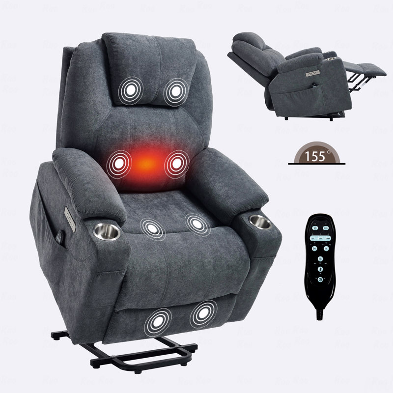 Polyester With Power Lift Function Recliner Chair, With Heavy-Duty Motion Mechanism With 8-Point Vibration With Massage Function And Lumbar With Heating Functioning, With USB Port And With Type-C Port Ports, Stainless Steel With Cup Holders