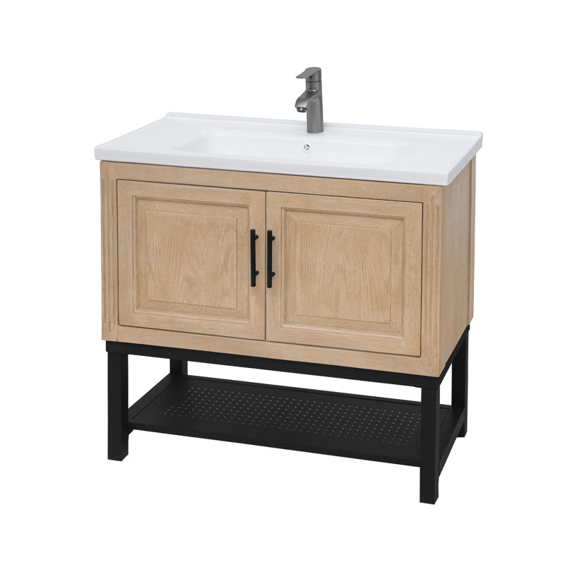 Armoire de meuble-lavabo sur pied 36 po avec lavabo en céramique blanche, robinet, 2 portes de rangement et tablette ouverte en fer | Idée de cadeau
