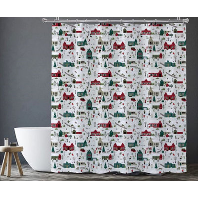 Polyester Shower Curtain+Metal Hooks-X'MAS Village