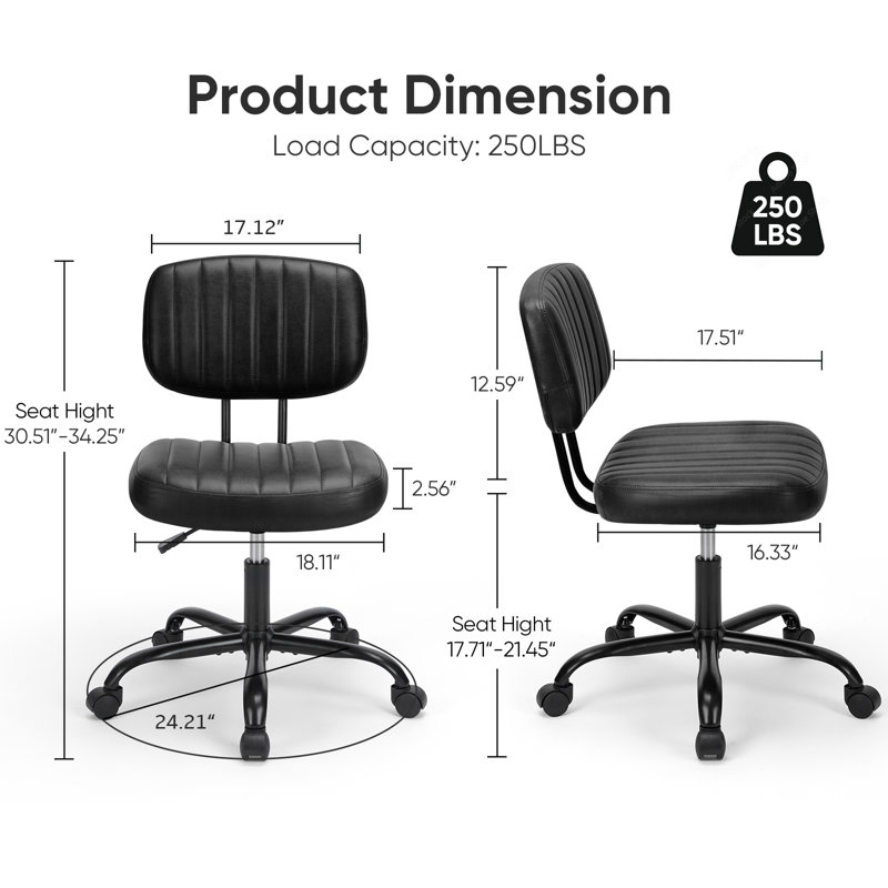 PU-Leather Task Chair, Compact Home Office Armless Chair, Ergonomic Padded Swivel Drafting Chair, Black