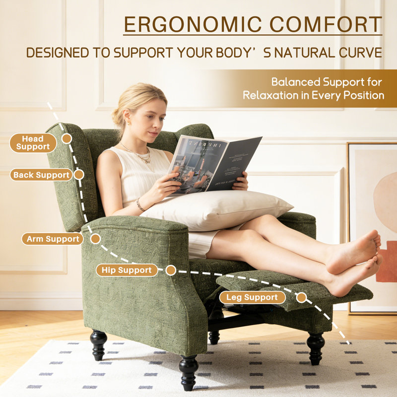 Manual Reclining Upholstered Wingback Armchair, Green