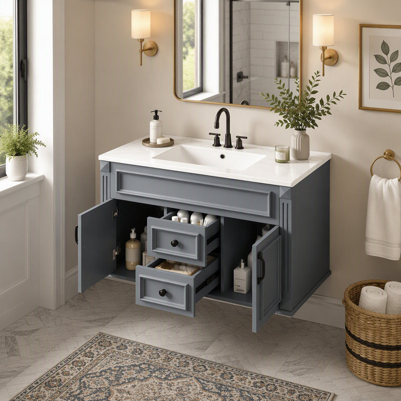 Meuble-lavabo mural 36 po avec lavabo et tiroirs en céramique, meuble-lavabo simple de style français avec charnières à fermeture douce