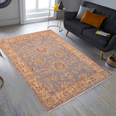Tapis oriental jaune / bleu en laine noué à la main de 5 pi 8 po x 8 pi Dorn