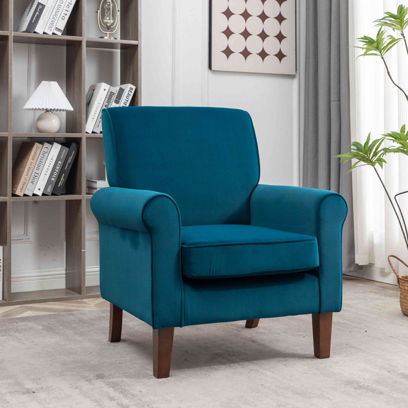 Fauteuil à accoudoirs roulés traditionnel, structure en bois de bouleau massif avec pieds fuselés bruns, chaise rembourrée en mélange de polyester avec siège rembourré de mousse pour le bureau du salon