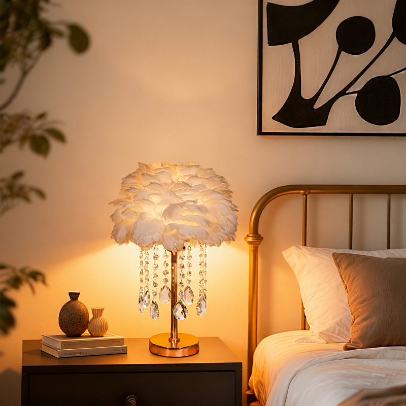 Lampe de table décorative en plumes avec base dorée, ampoule 3 couleurs et interrupteur à bouton, Blanc
