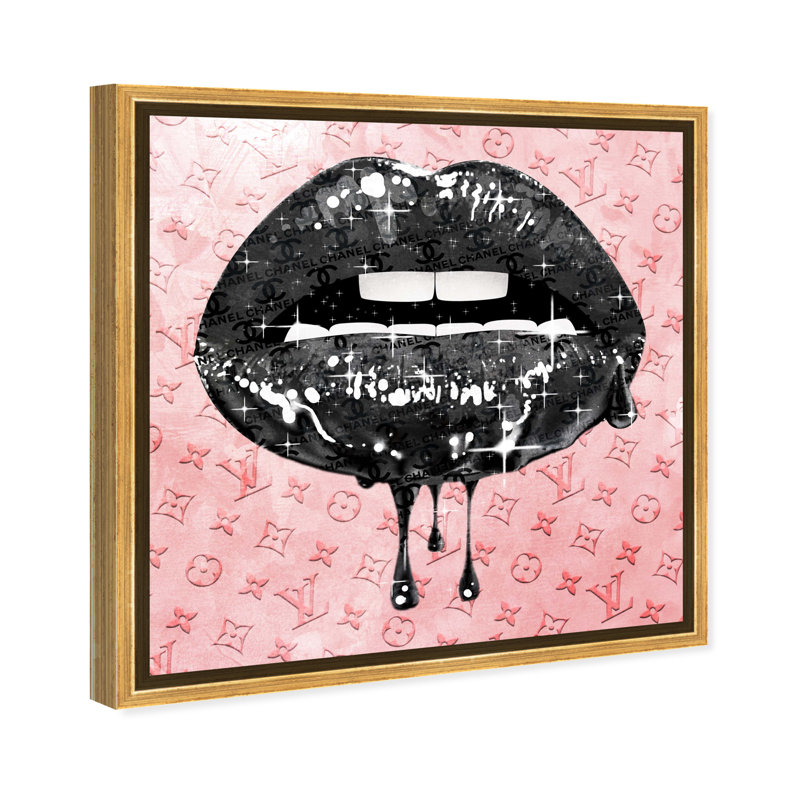 Fashion and Glam Noir and Blush Lips - impression d'art graphique, H 16 po x l 16 po x 1,5 po, Toile encadrée d'or