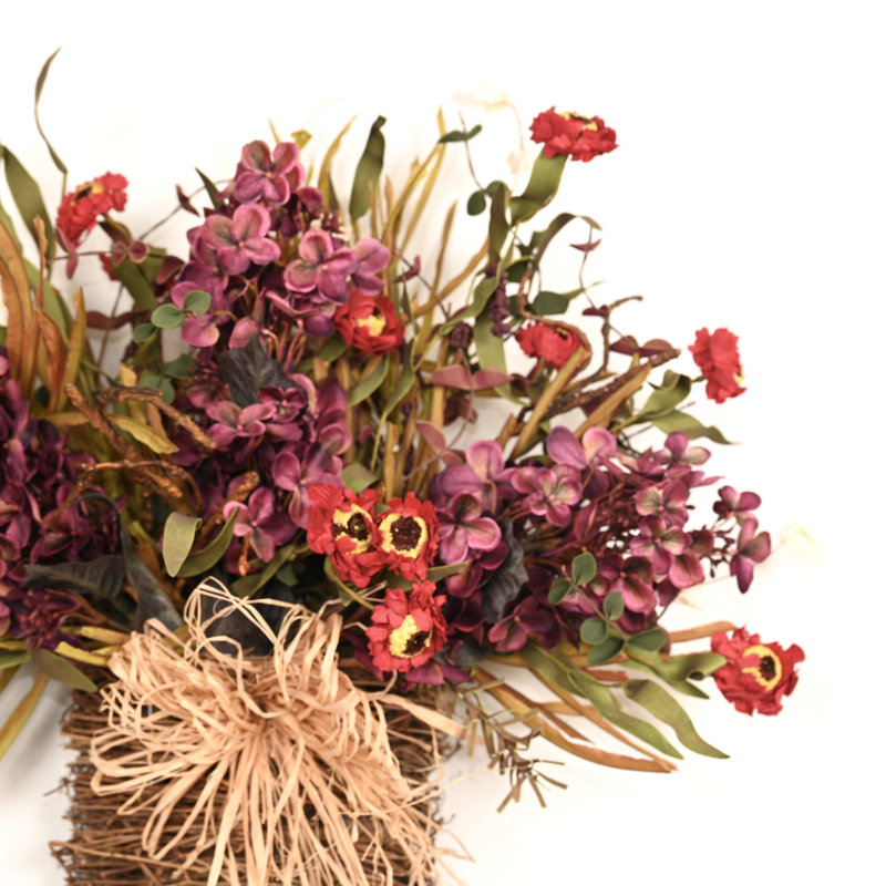 Décoration hortensia rustique artificielle 24 "avec panier en raphia naturel, Mauve
