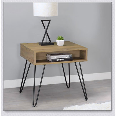 Golden Oak And Black Square End Table With Open Storage, Perfect For Modern And Rustic Interiors