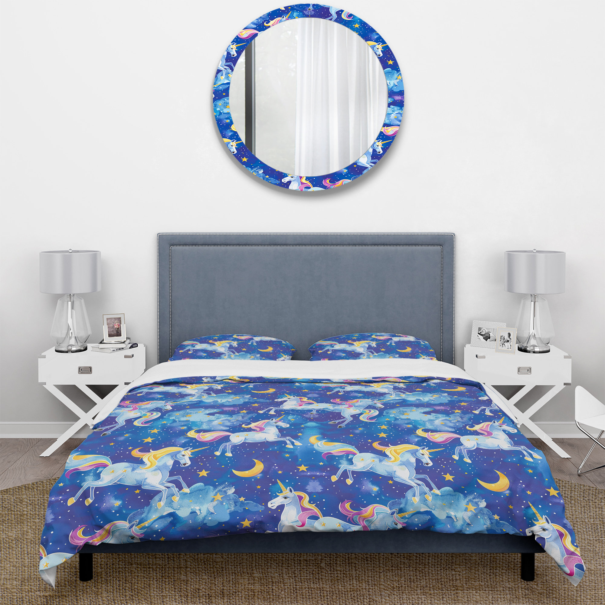 Design Art Blue Yellow Kids Unicorn Pattern Kids Duvet Cover Set