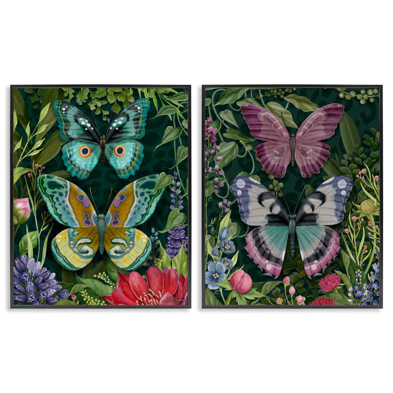 Ensemble de 2 giclées encadrées Wild Garden Butterflies, par Nicole Tamarin, H 20 po x l 32 po, Giclée encadrée noir minuit