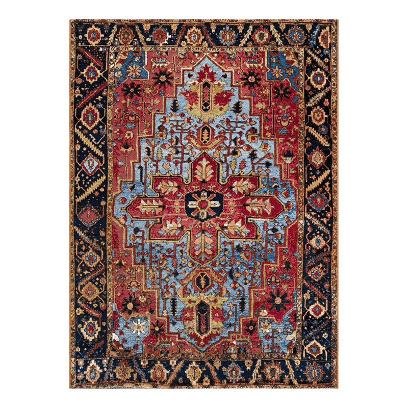 Rust Red and Blue Synthetic Flat Woven Outdoor Rug 5' x 7'