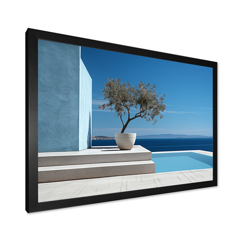«Grèce Beach House Views Tranquility - Coastal Beach», art mural, H 24 po x l 32 po x P 1 po, Cadre simple noir