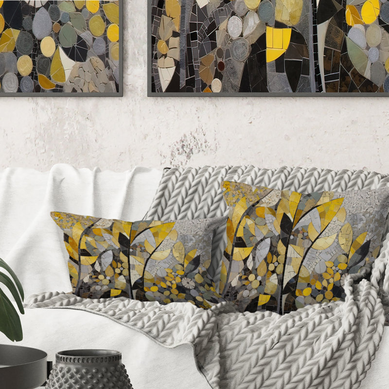 Yellow And Grey Patterns In Artistic Fusion - Boho Mosaic Printed Pillow, 16" x 16"