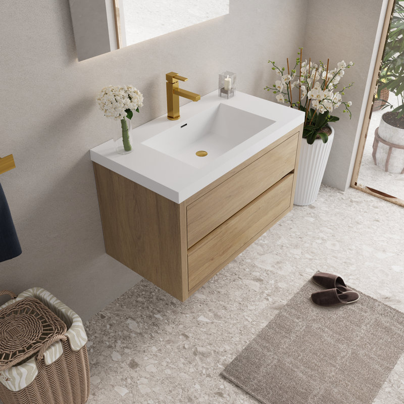 36" Wall-Mounted Bathroom Vanities Floating Single Sink Vanity with Stone Resin Top Basin, 2 Soft Close Drawers, Natural Oak