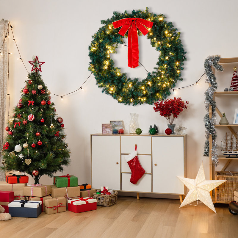Couronne de Noël 48 po en PVC avec nœud 4 lumières couleur, L 48 po x H 48 po x P 7 po