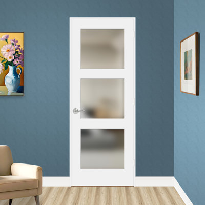 Porte pré-percée en verre trempé givré et en bois manufacturé blanc apprêté à 3 lumières d'une hauteur de 80 po
